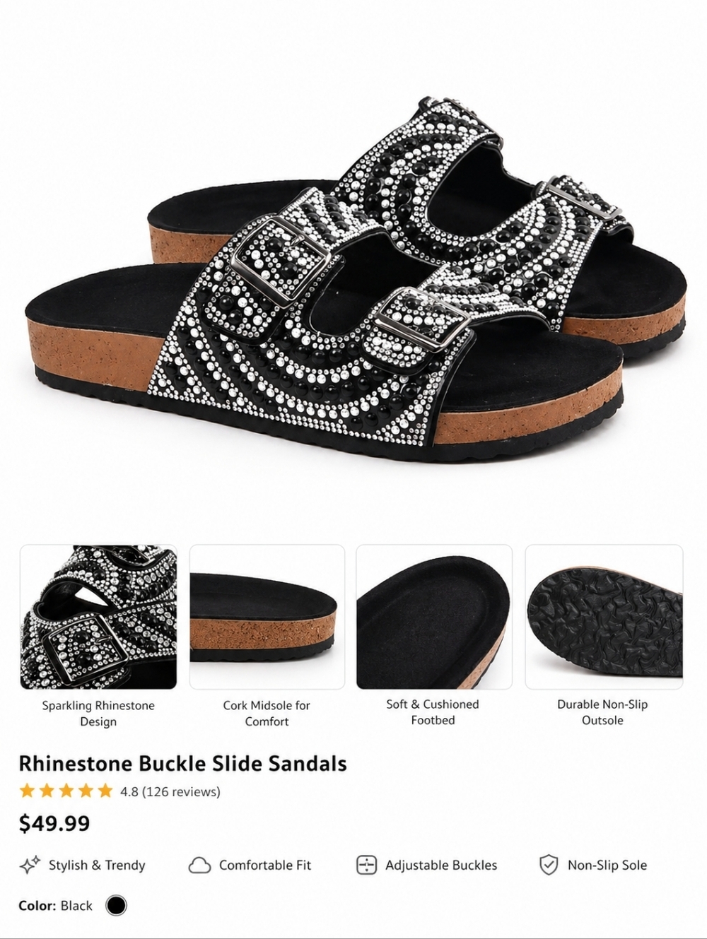 NEW Rhinestone Buckle Slide Sandals - Black Size 42 (US 11)